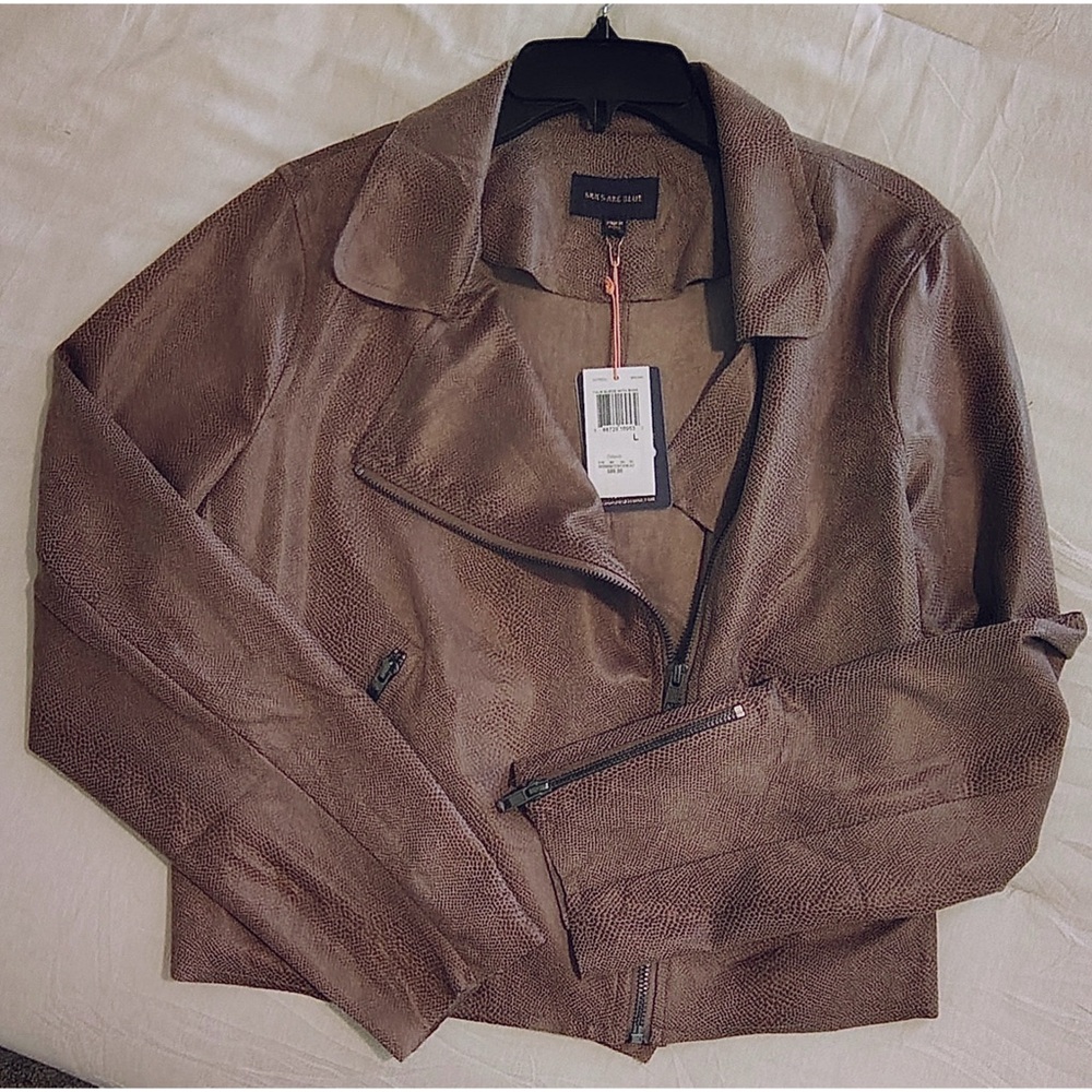 Skies Are Blue Faux Snake Print Brown Moto Jacket NWT - Picture 9 of 11